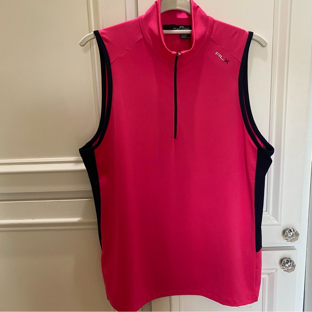 RLX Ralph Lauren Size Large Pink and Navy Performance 1/4 Zip Sleeveless Top